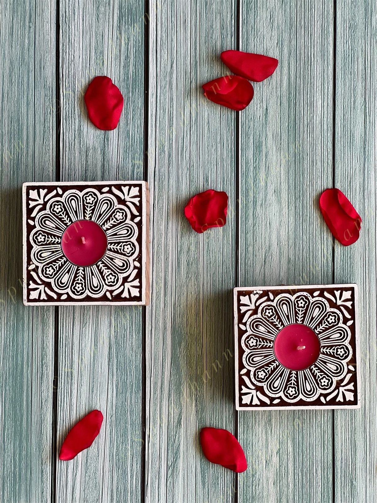 Square Floral Carved Wooden Block Tea Light Holder