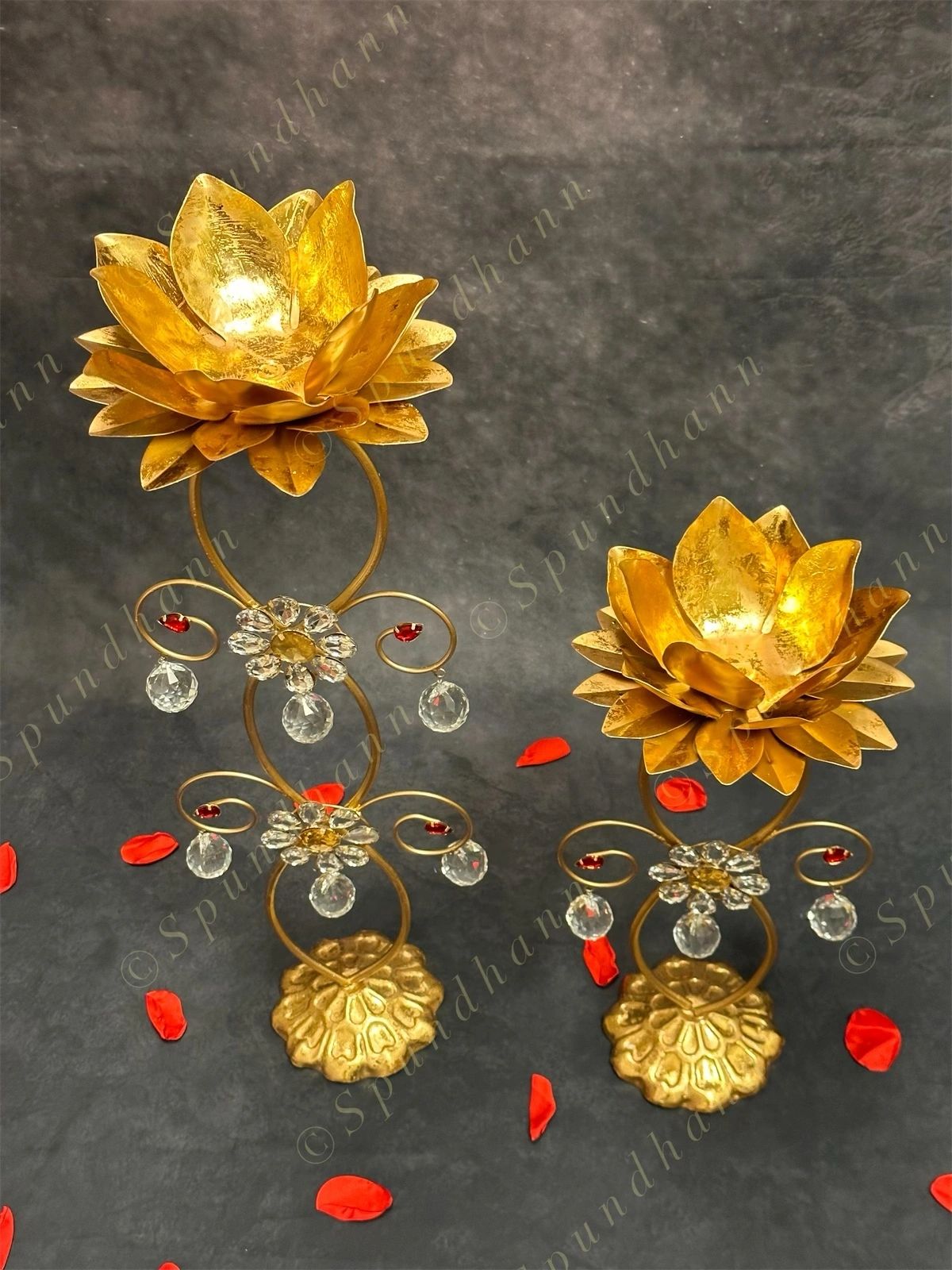 Crystal Drop Golden Flower Standing Tea Light Holder