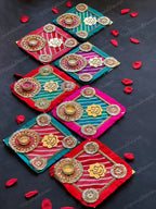 Square Leheriya & Gold Gota Tea Light Holder with Ganesha