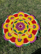 Medium Yellow, Orange, Purple & Red Round Floral Rangoli Floor Mat