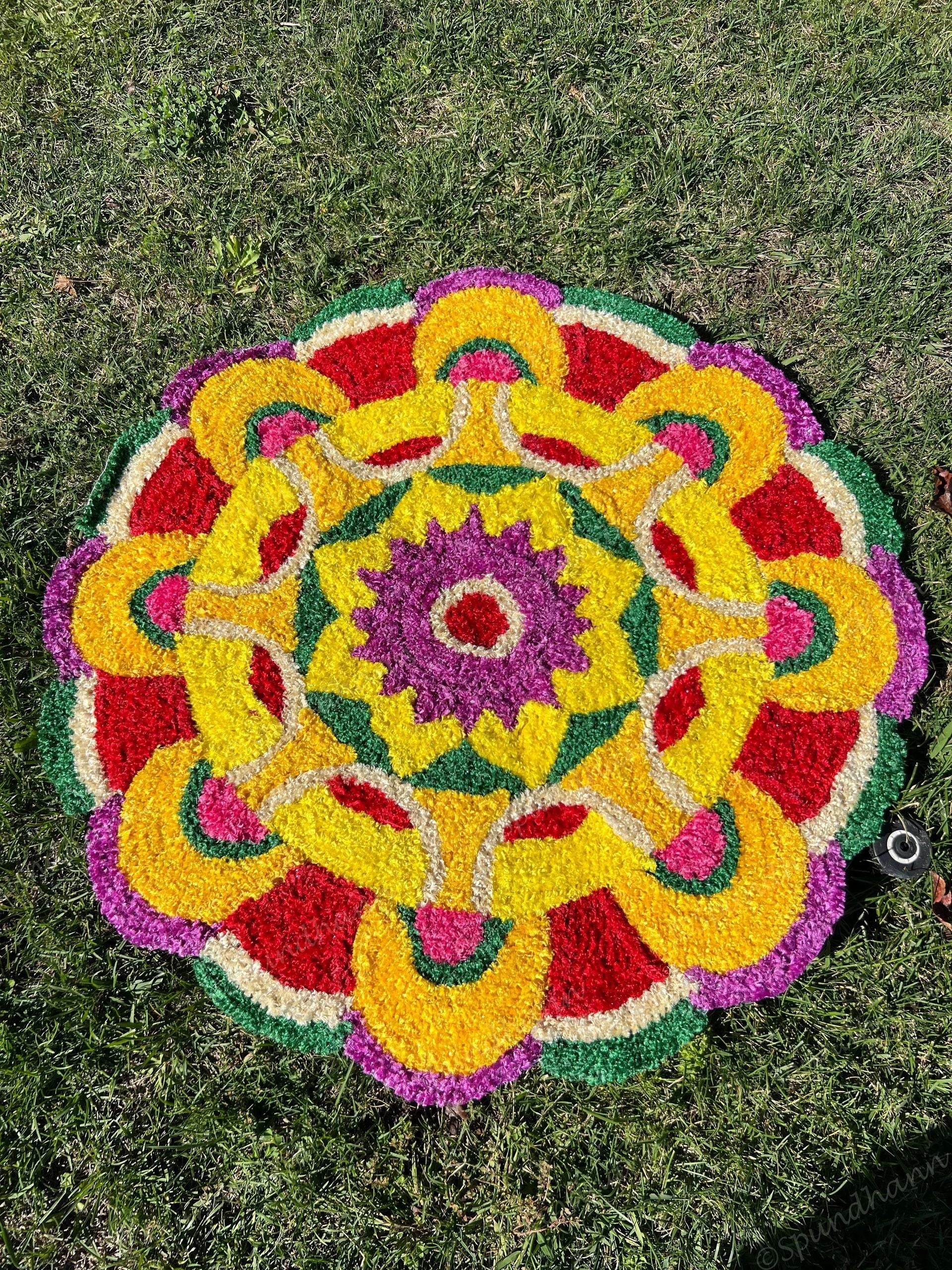 Medium Yellow, Orange, Purple & Red Round Floral Rangoli Floor Mat