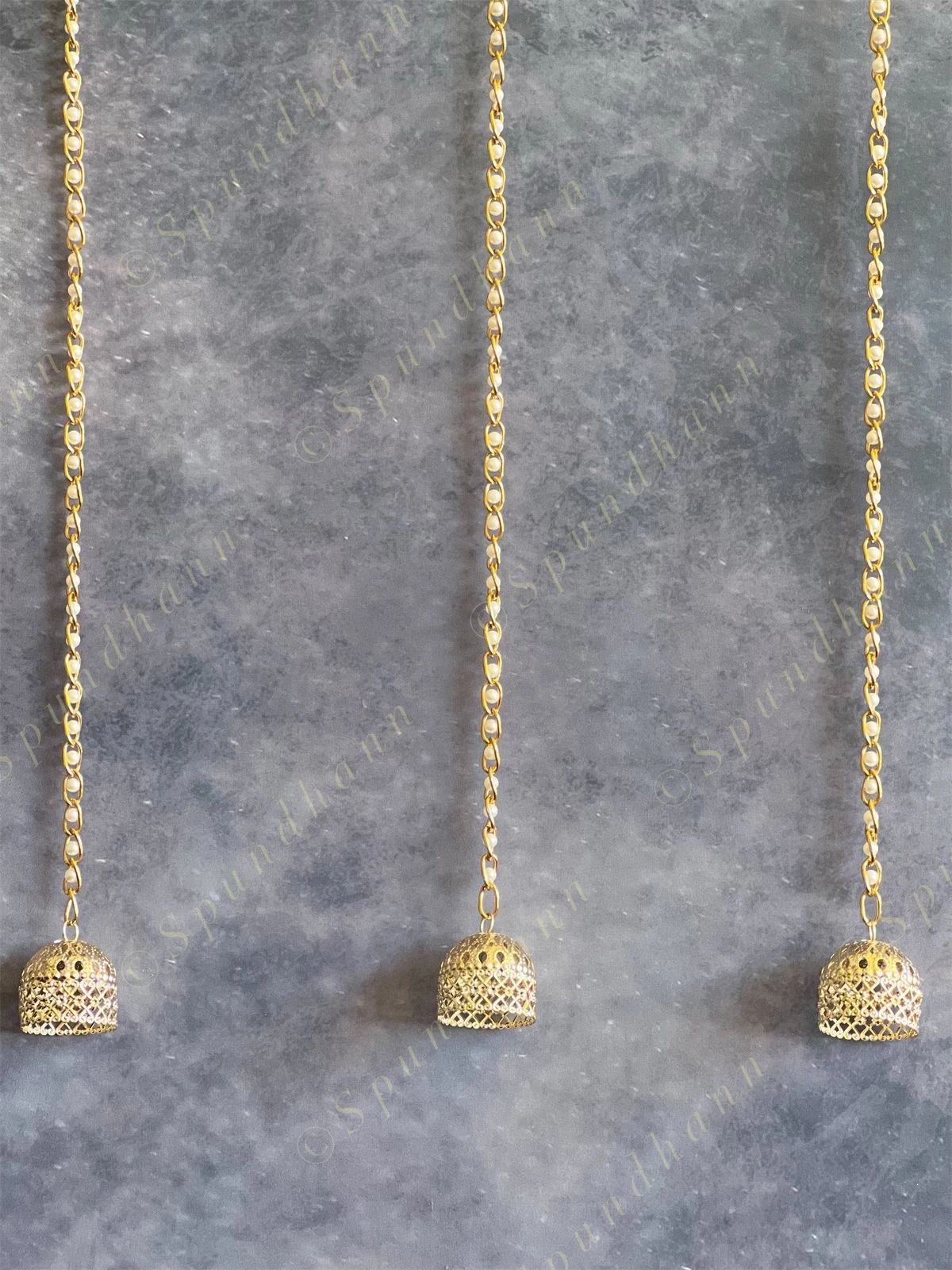 Golden Bell Dome Danglers with Pearl Chain String Pair