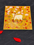 Pichwai Cow with Lotus Square Wall Hanging Plate