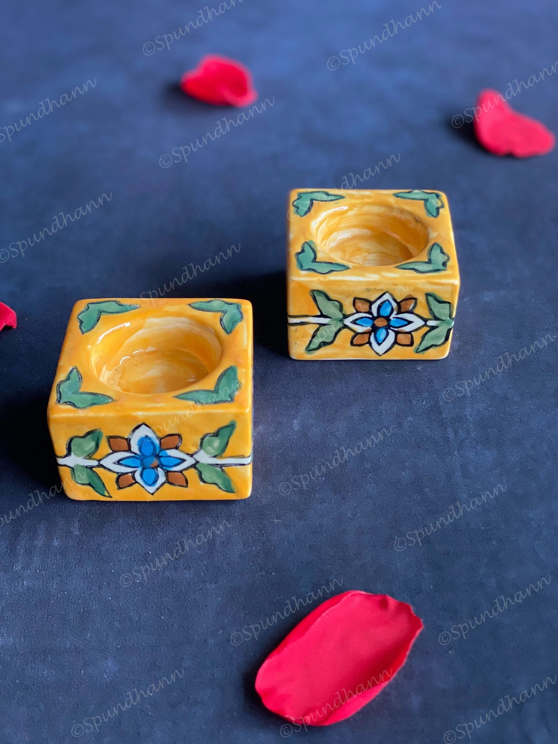 Ceramic Square Floral Painted Tea Light Holders
