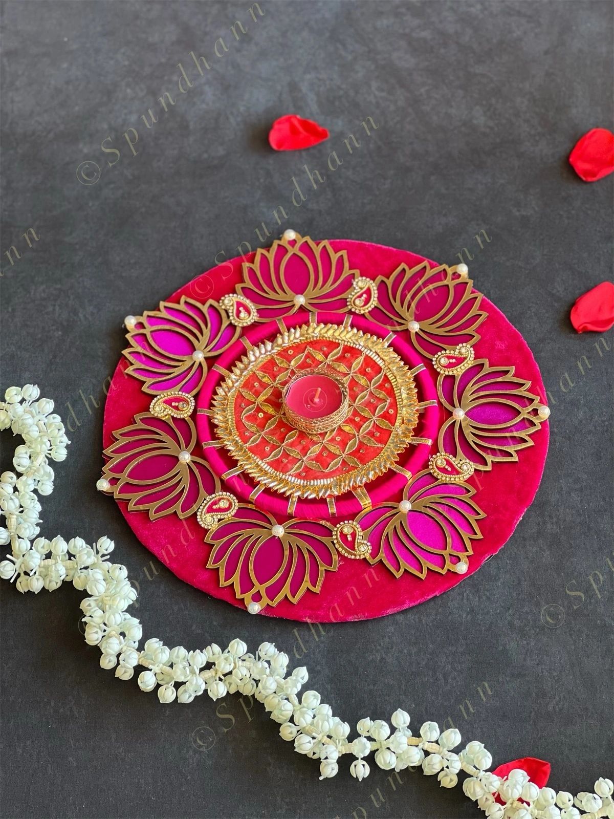 Pink Lotus with Pearls & Gota Decorative Tea Light Holder