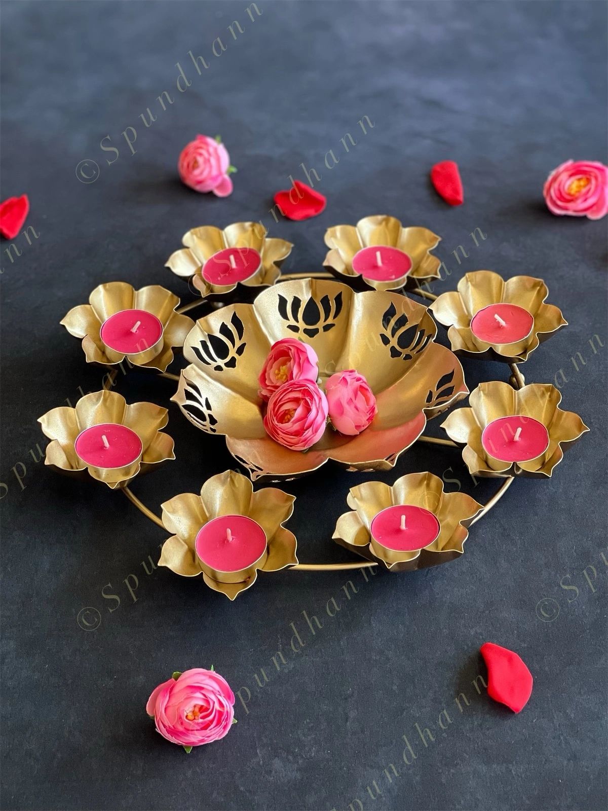 Small Lotus Rangoli Urli with Tea Light Holders
