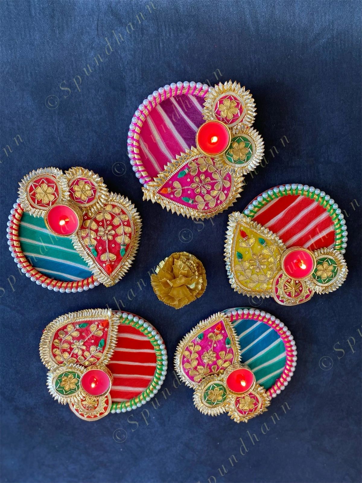 Colorful Leheriya, Gota & Pearl Studded Tea Light Holder