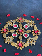 Metal Leaf, Flower Rangoli Tea Light Holder with Pearls & Red Gemstones