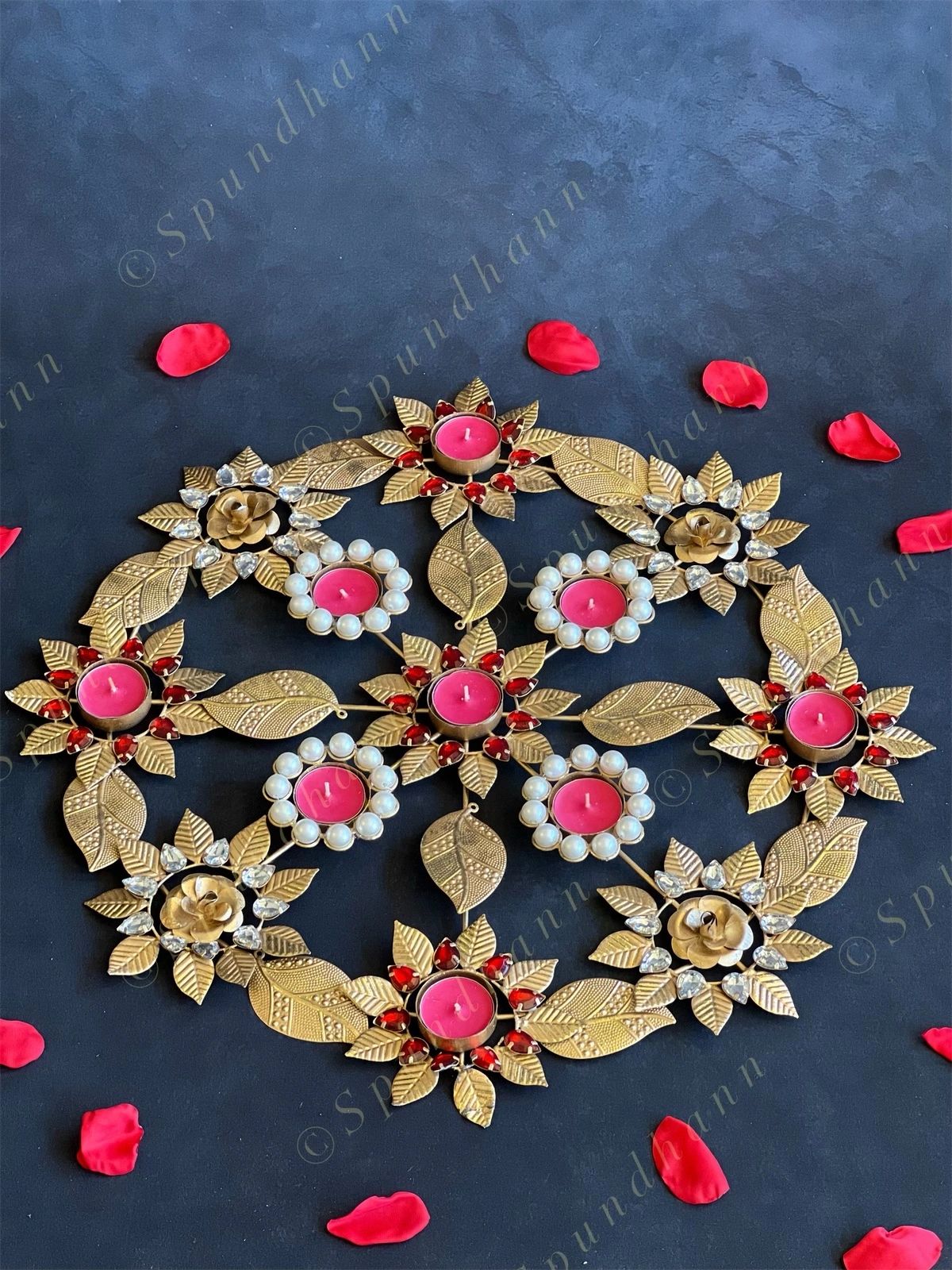 Metal Leaf, Flower Rangoli Tea Light Holder with Pearls & Red Gemstones