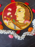 Beautifully Adorned Rajasthani Woman Red Background Pichwai Wall Hanging Plate Red