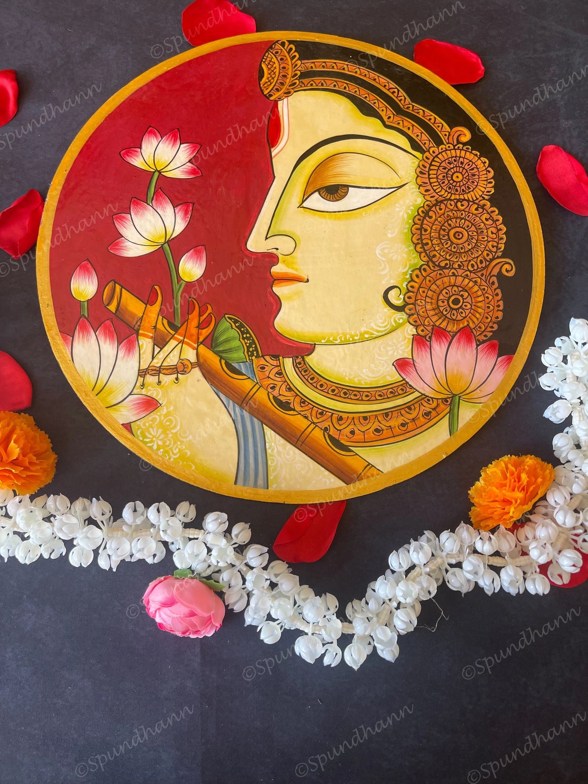 Beautifully Adorned Rajasthani Woman Red Background Pichwai Wall Hanging Plate Red