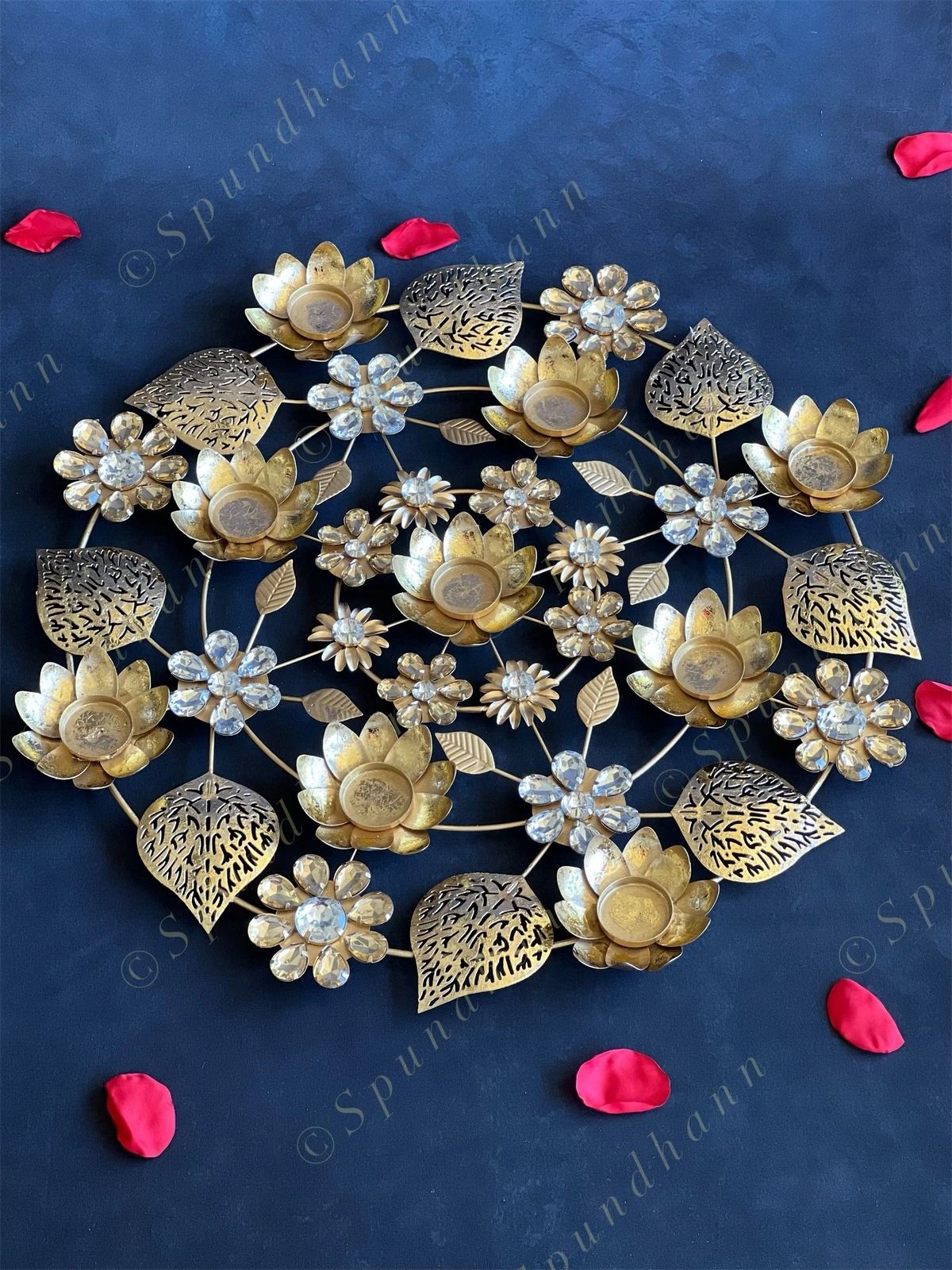 Decorative Studded Flower & Cutwork Leaves Rangoli Tea Light Holder