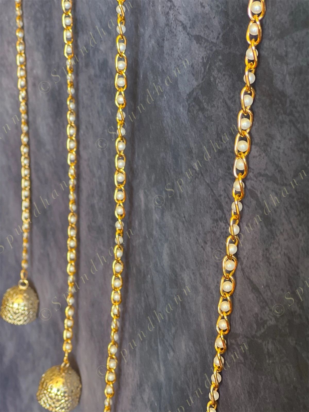 Golden Bell Dome Danglers with Pearl Chain String Pair