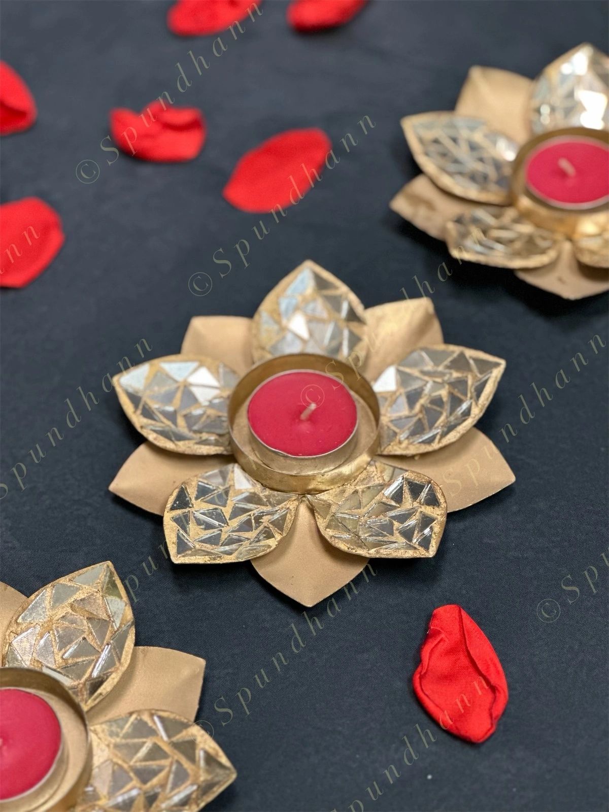 Gold Floral Mirror Work Tea Light Holder