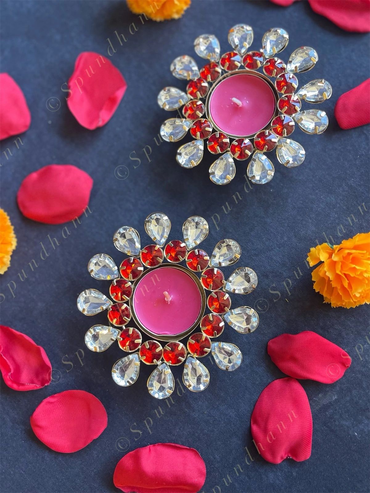 Red & White Stone Floral Tea Light Holder