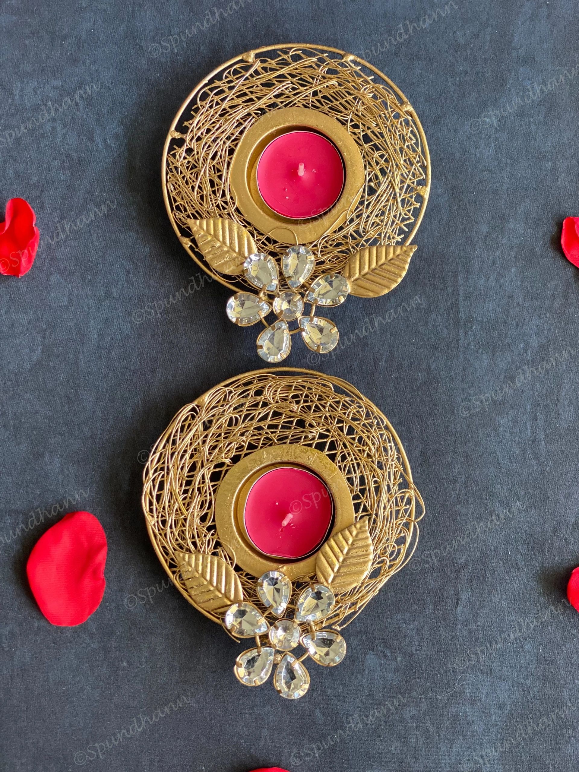 Gold Wired & Studded Floral Tea Light Holder