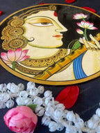 Beautifully Adorned Rajasthani Woman Pichwai Wall Hanging Plate Black