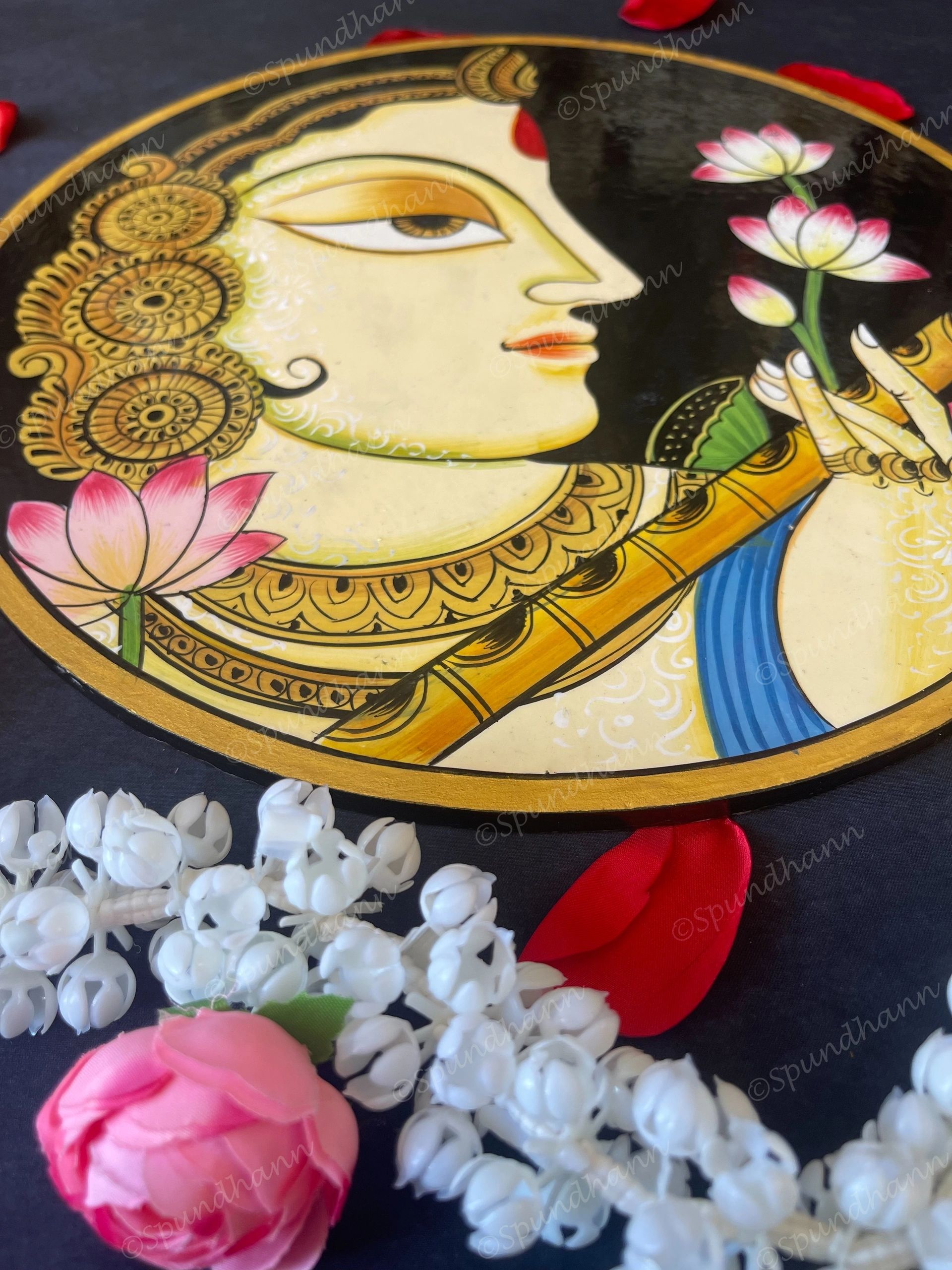 Beautifully Adorned Rajasthani Woman Pichwai Wall Hanging Plate Black