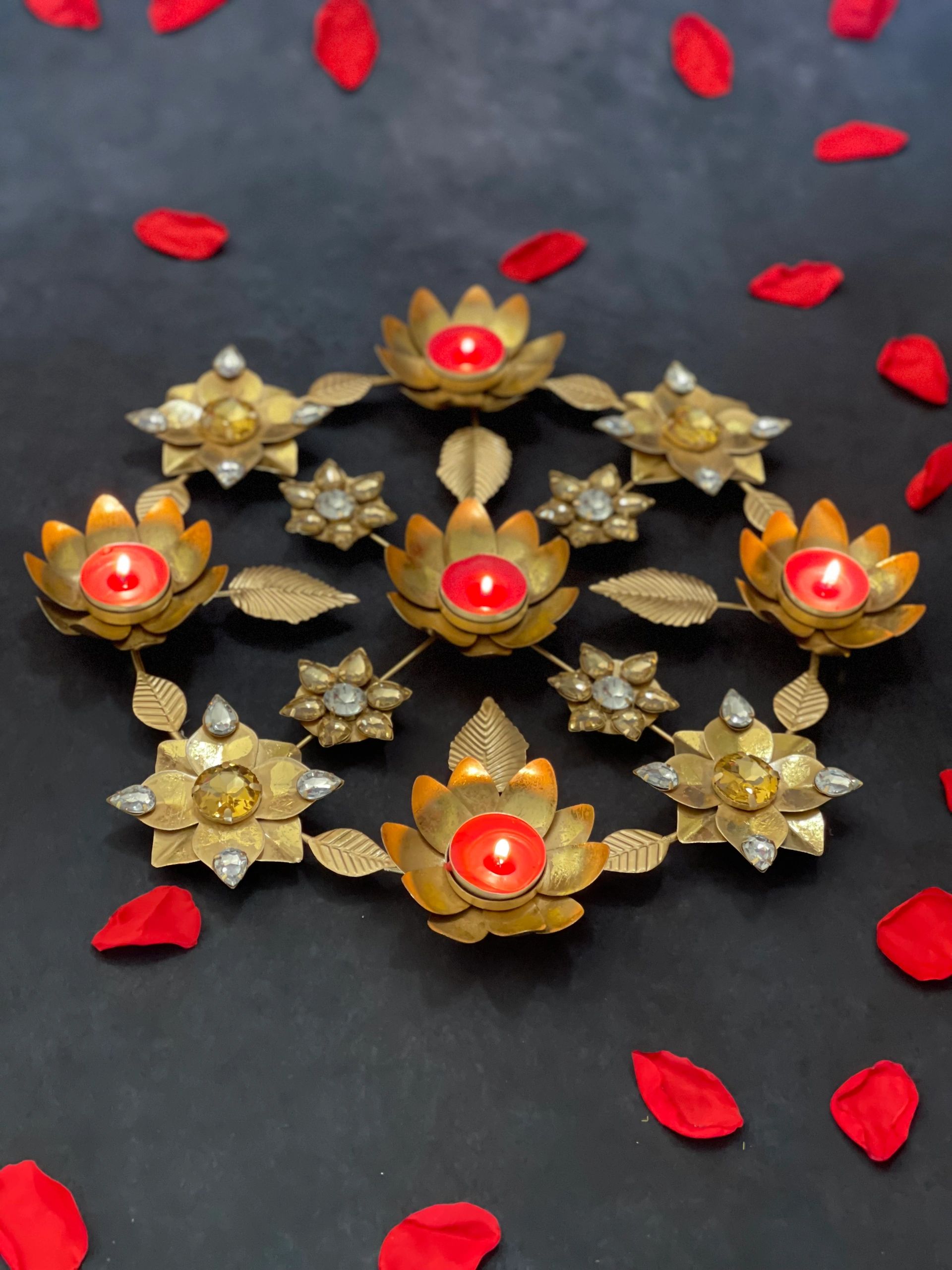 Embellished Floral & Gemstone Rangoli Tea Light Holder