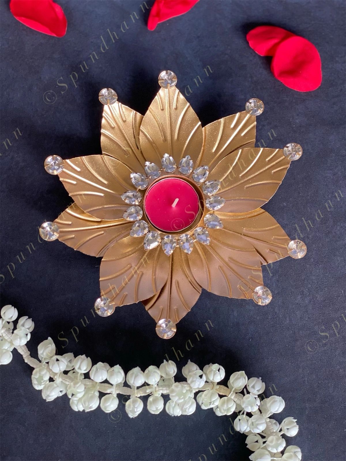 Big Lotus Gemstone Studded Tea Light Holder