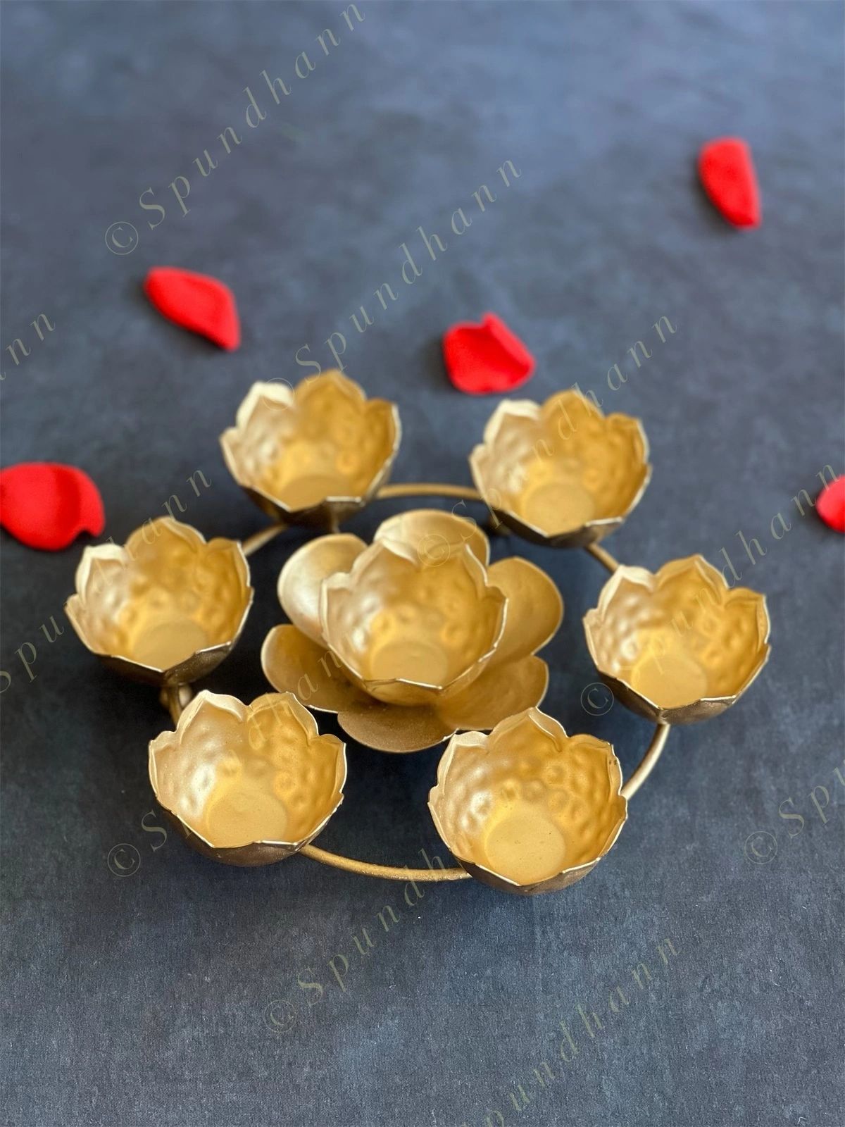 Golden Floral Metal Rangoli Urli with Tea Light Holders