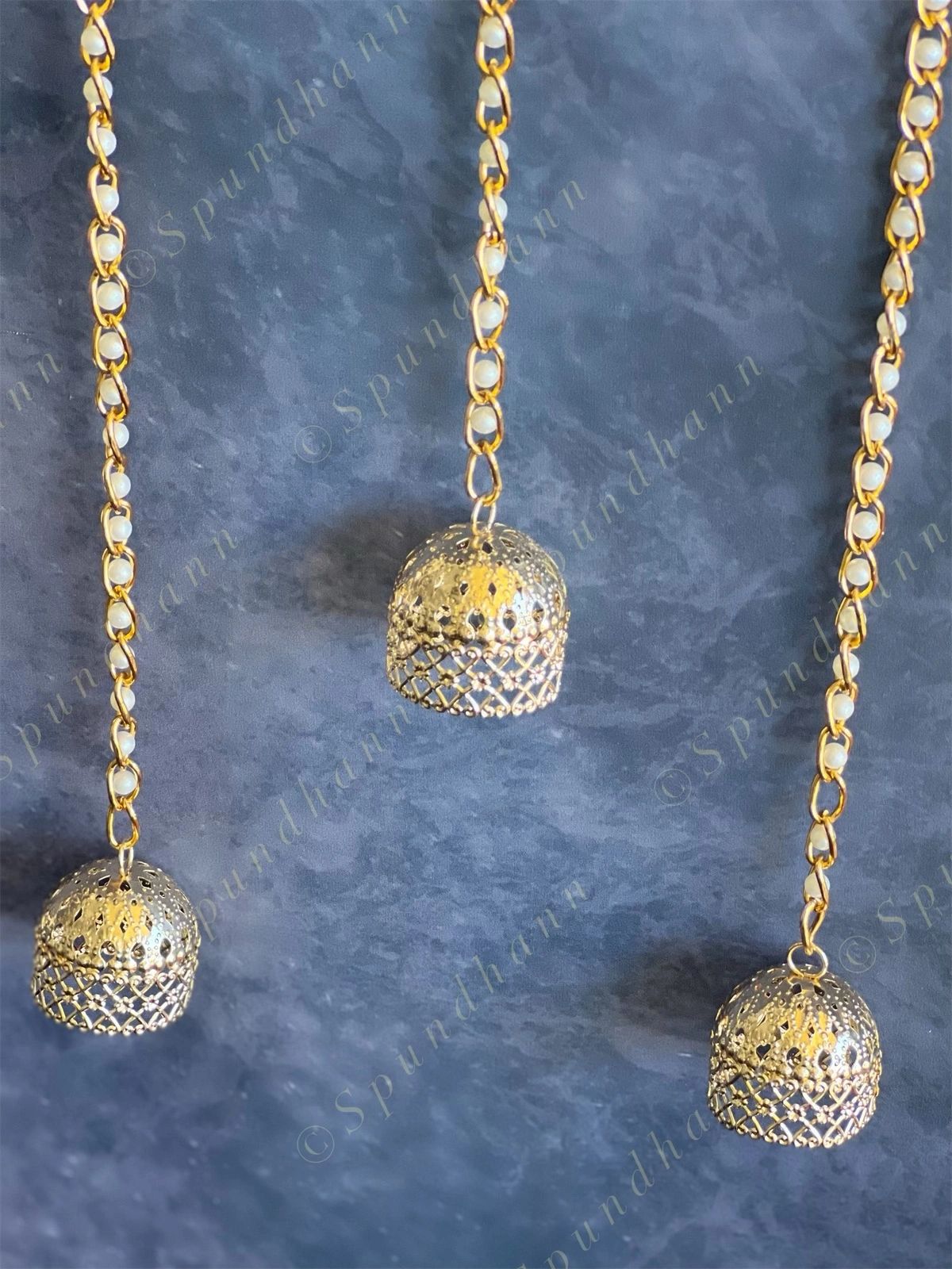 Golden Bell Dome Danglers with Pearl Chain String Pair
