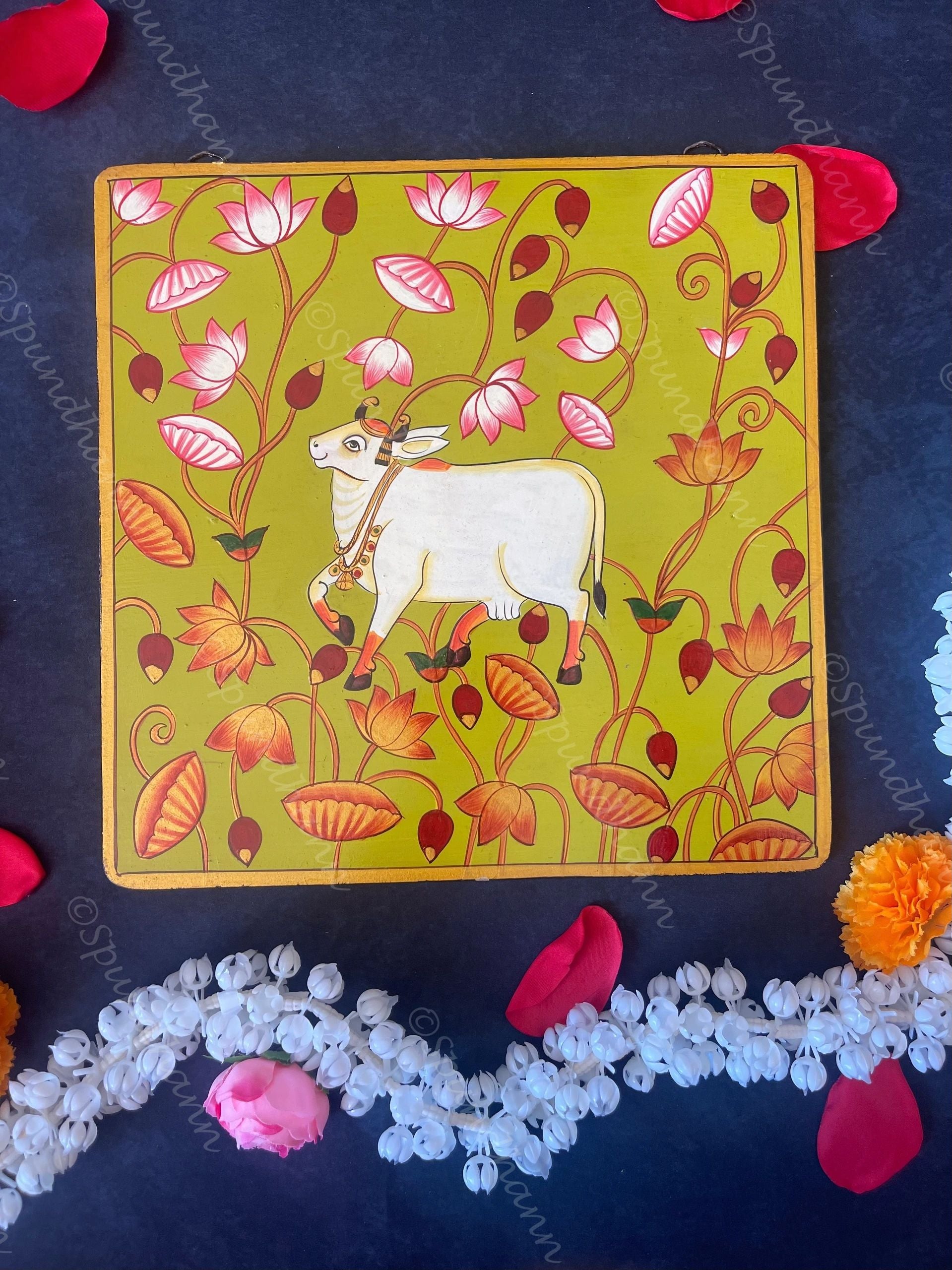 Pichwai Cow with Lotus Square Wall Hanging Plate