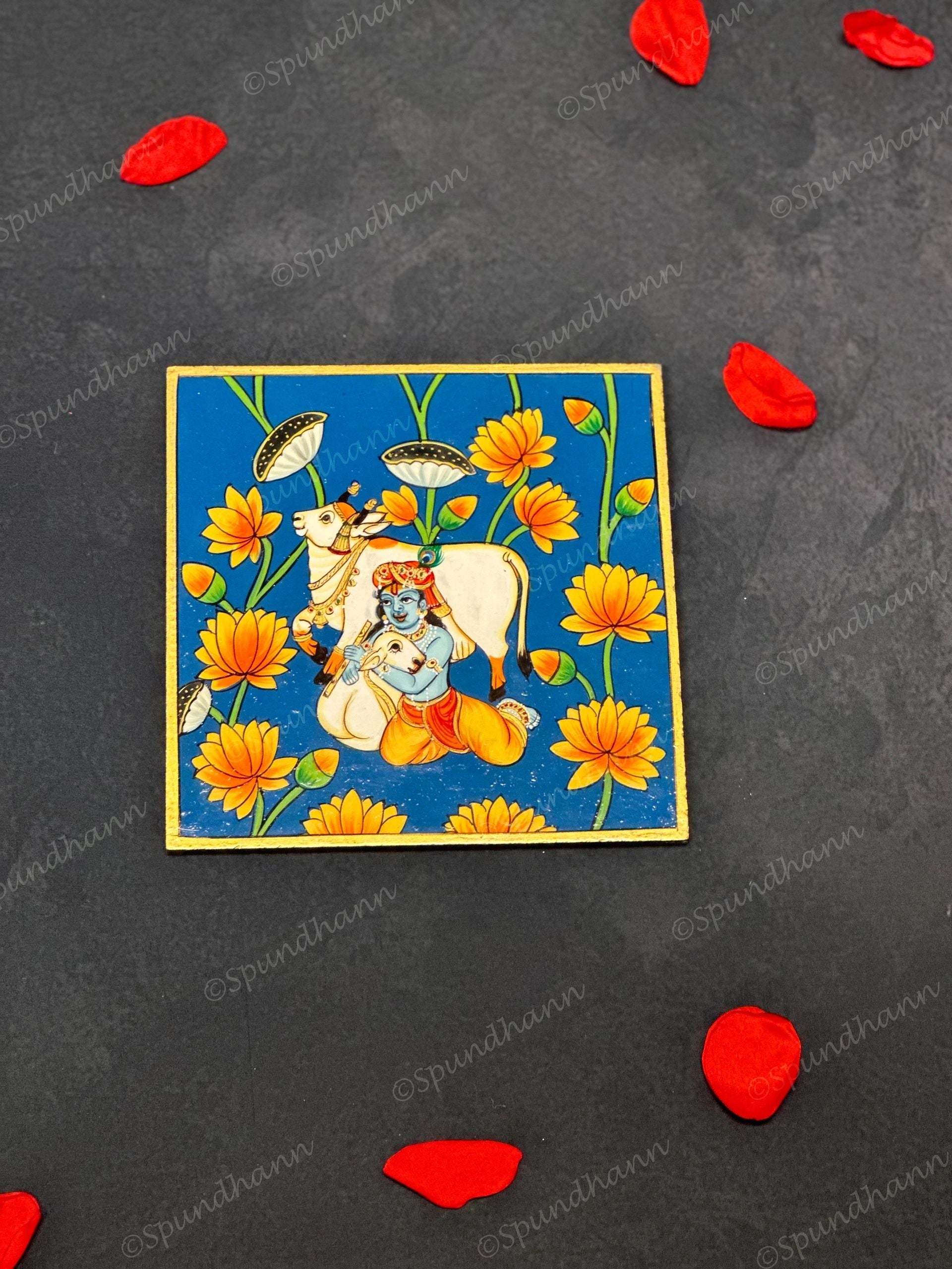 Lord Krishna with His Cows & Lotus Square Pichwai Wall Hanging Plate