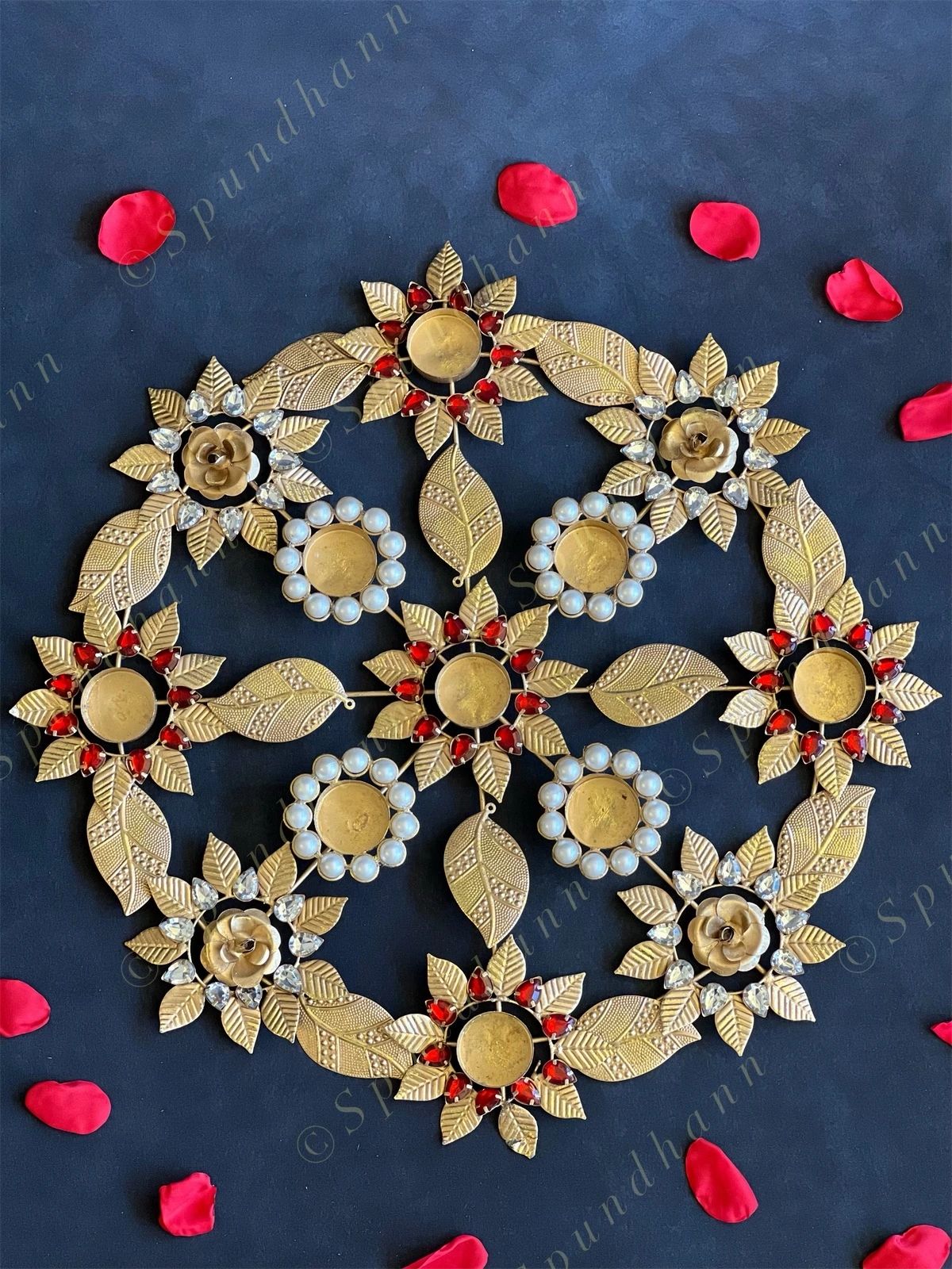 Metal Leaf, Flower Rangoli Tea Light Holder with Pearls & Red Gemstones