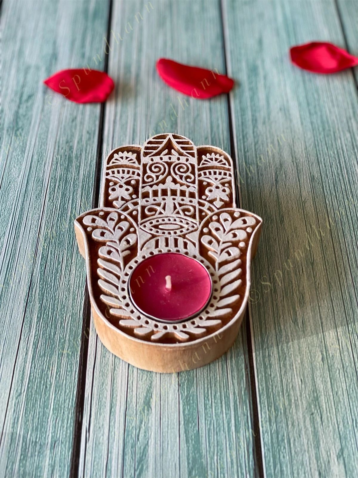 Hamsa Wooden Block Tea Light Holder