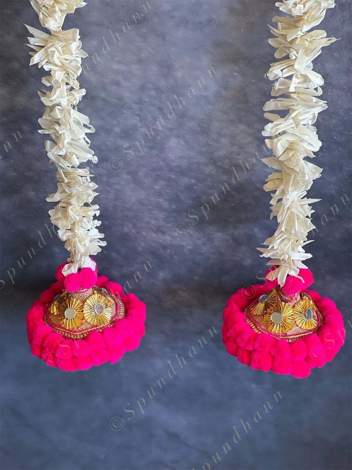 Chameli, Jute, Gota & Pink Pom Pom Dangler Set of 2
