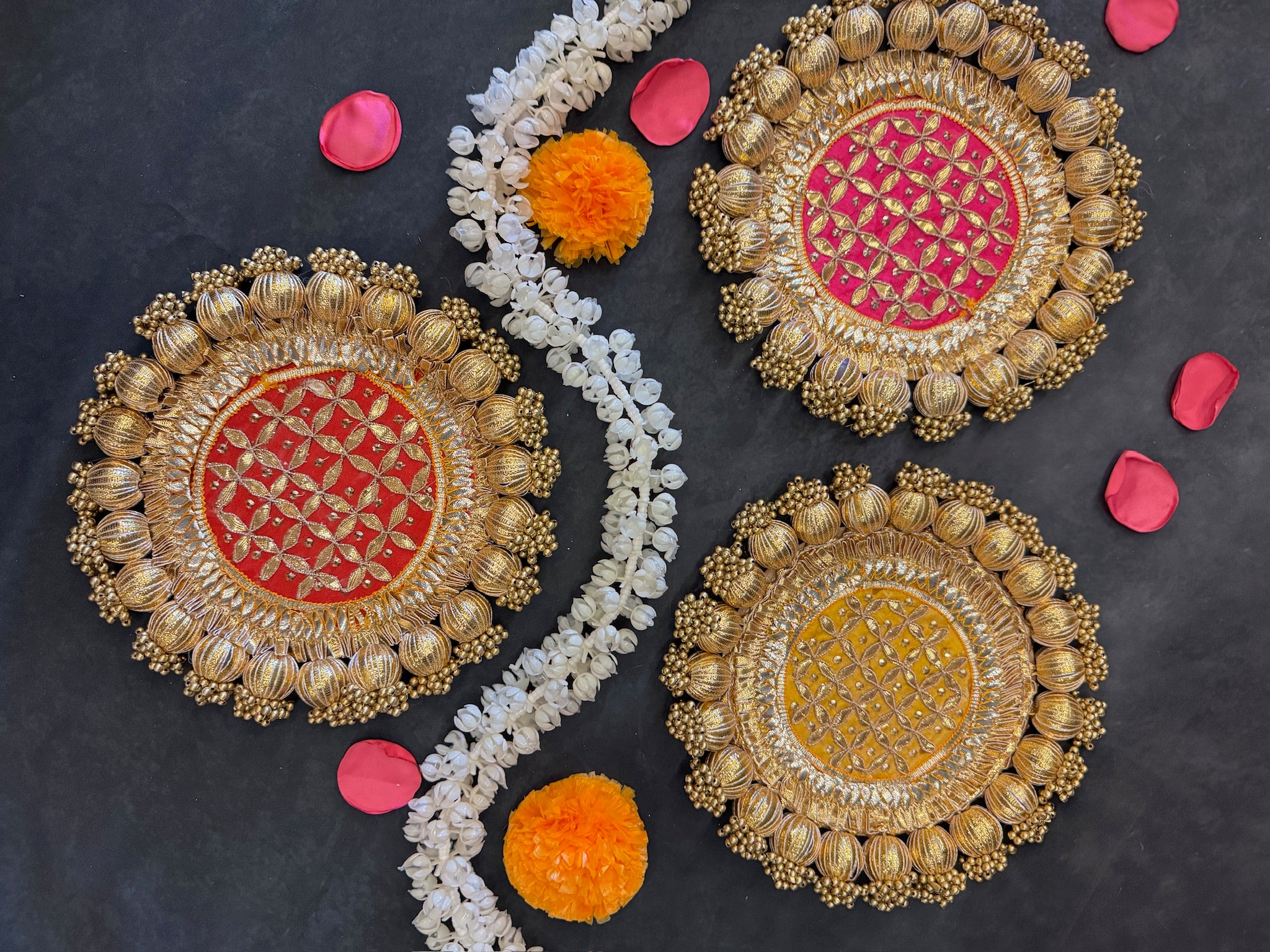 Circular Rangoli Mat with Golden Beads