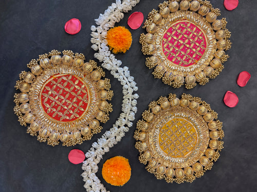 Circular Rangoli Mat with Golden Beads