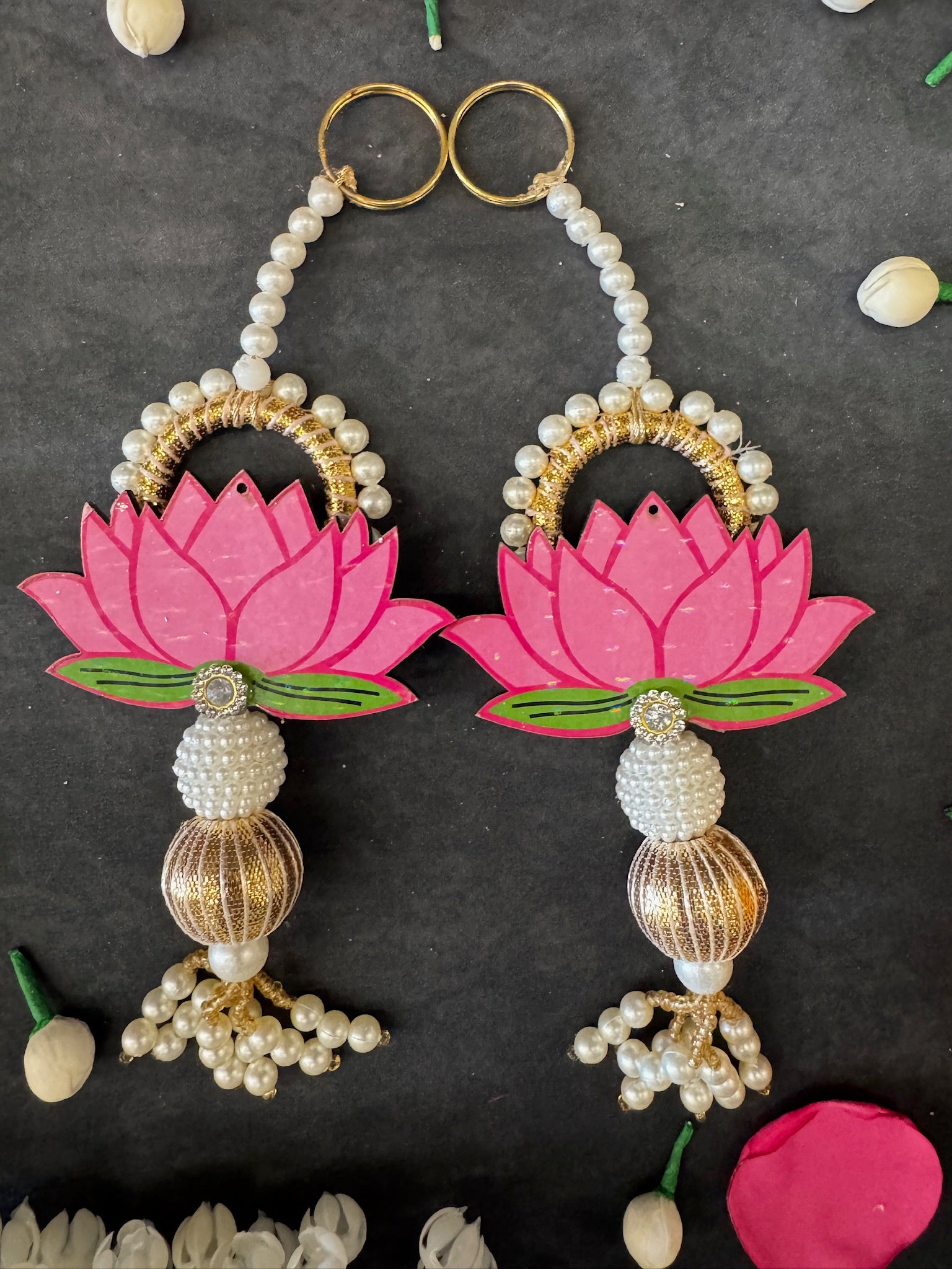 Pearl Lotus & Half Ring Hanging with Tassel (Pair of 2)