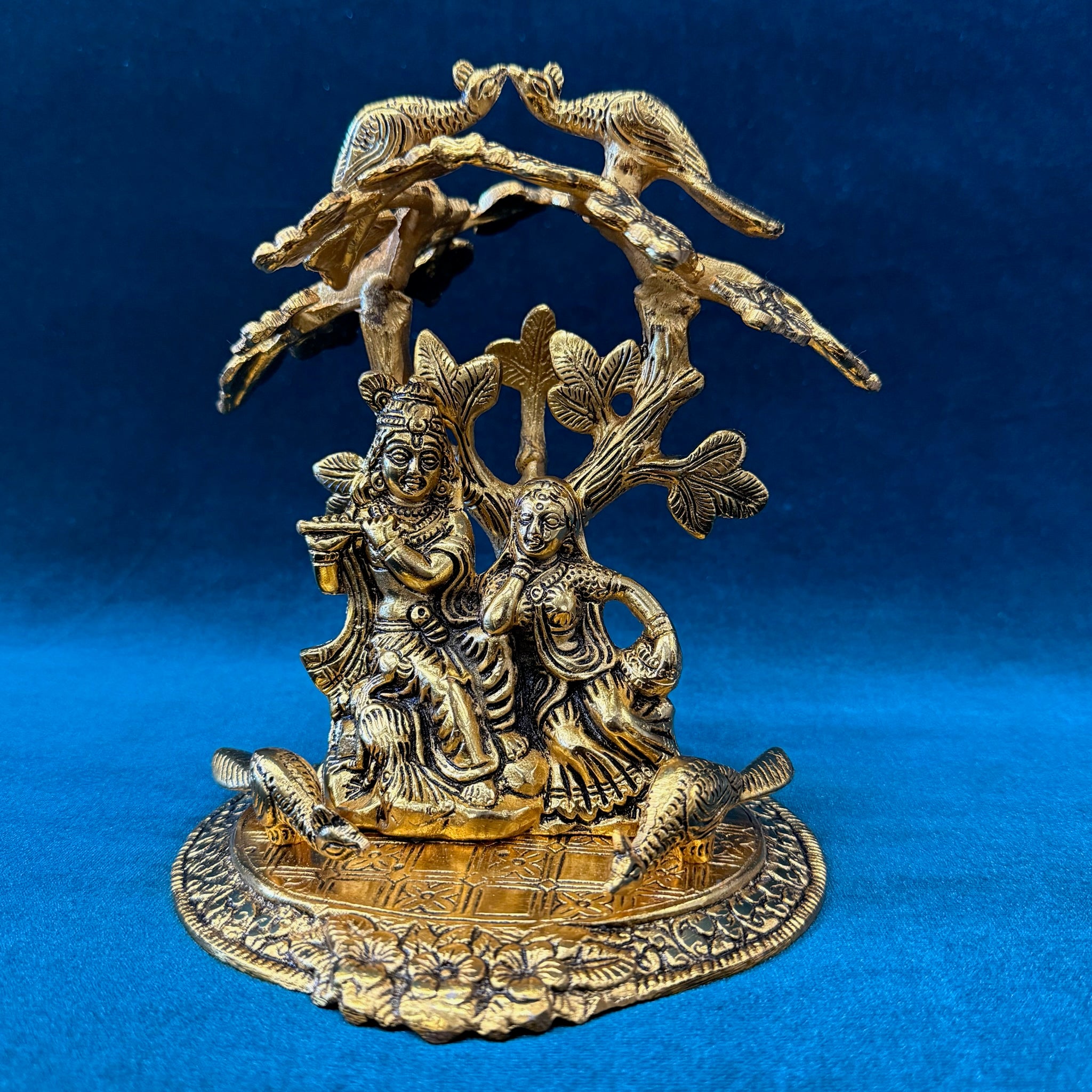 Radha Krishna Idol with Tree & Peacock Base