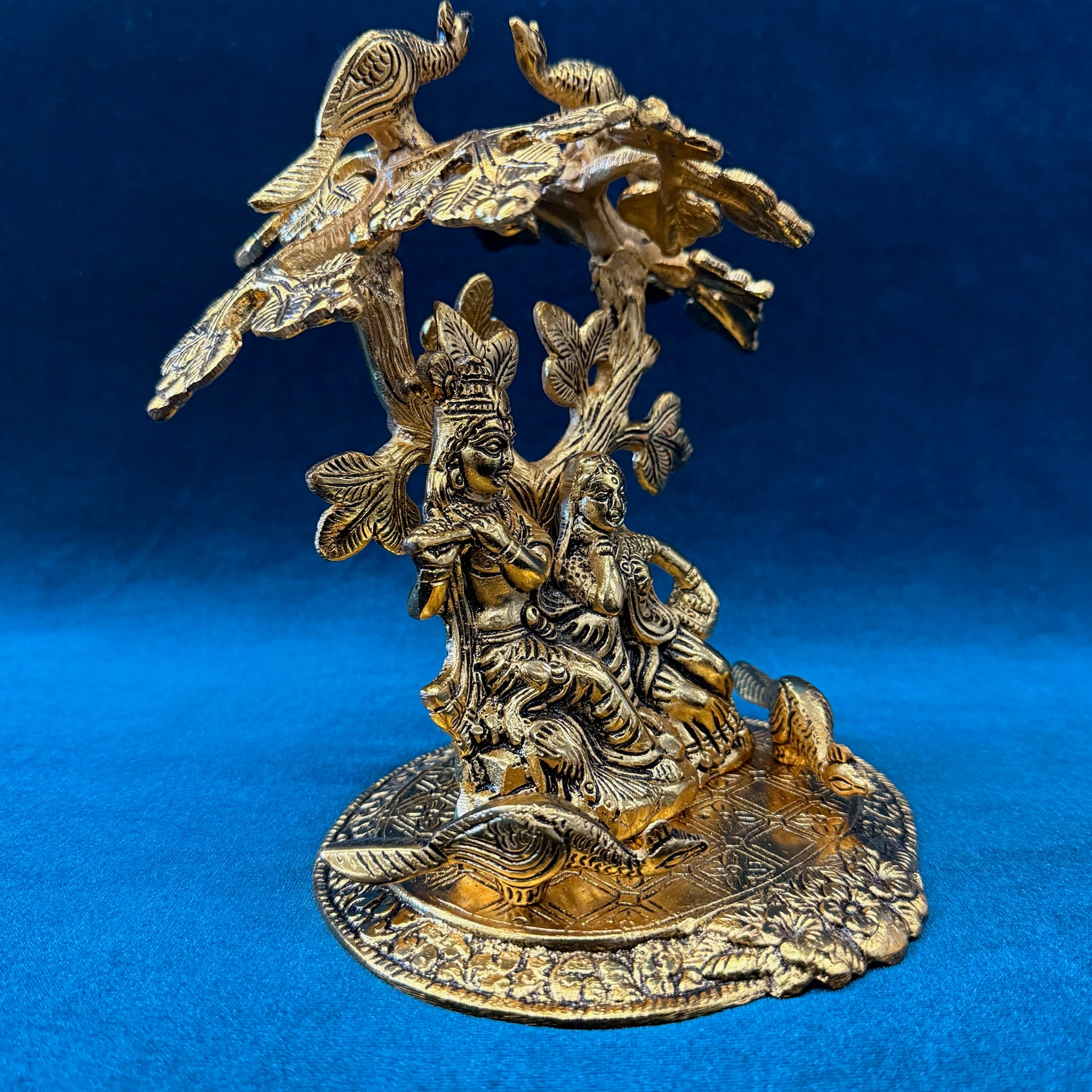 Radha Krishna Idol with Tree & Peacock Base