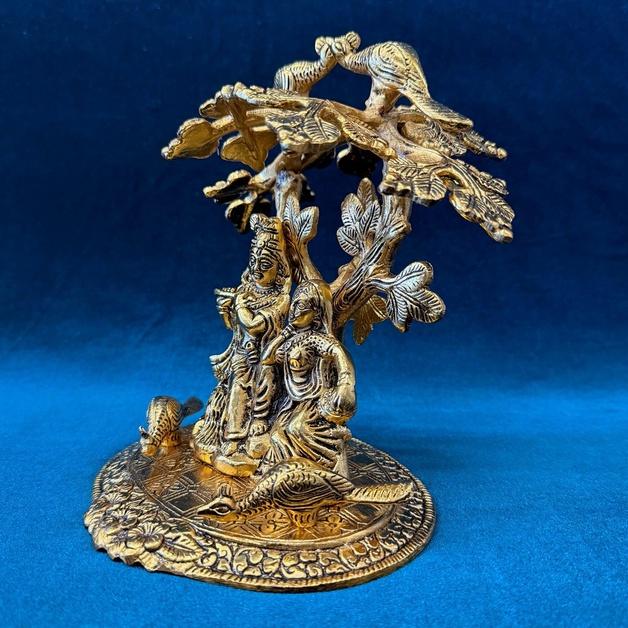 Radha Krishna Idol with Tree & Peacock Base