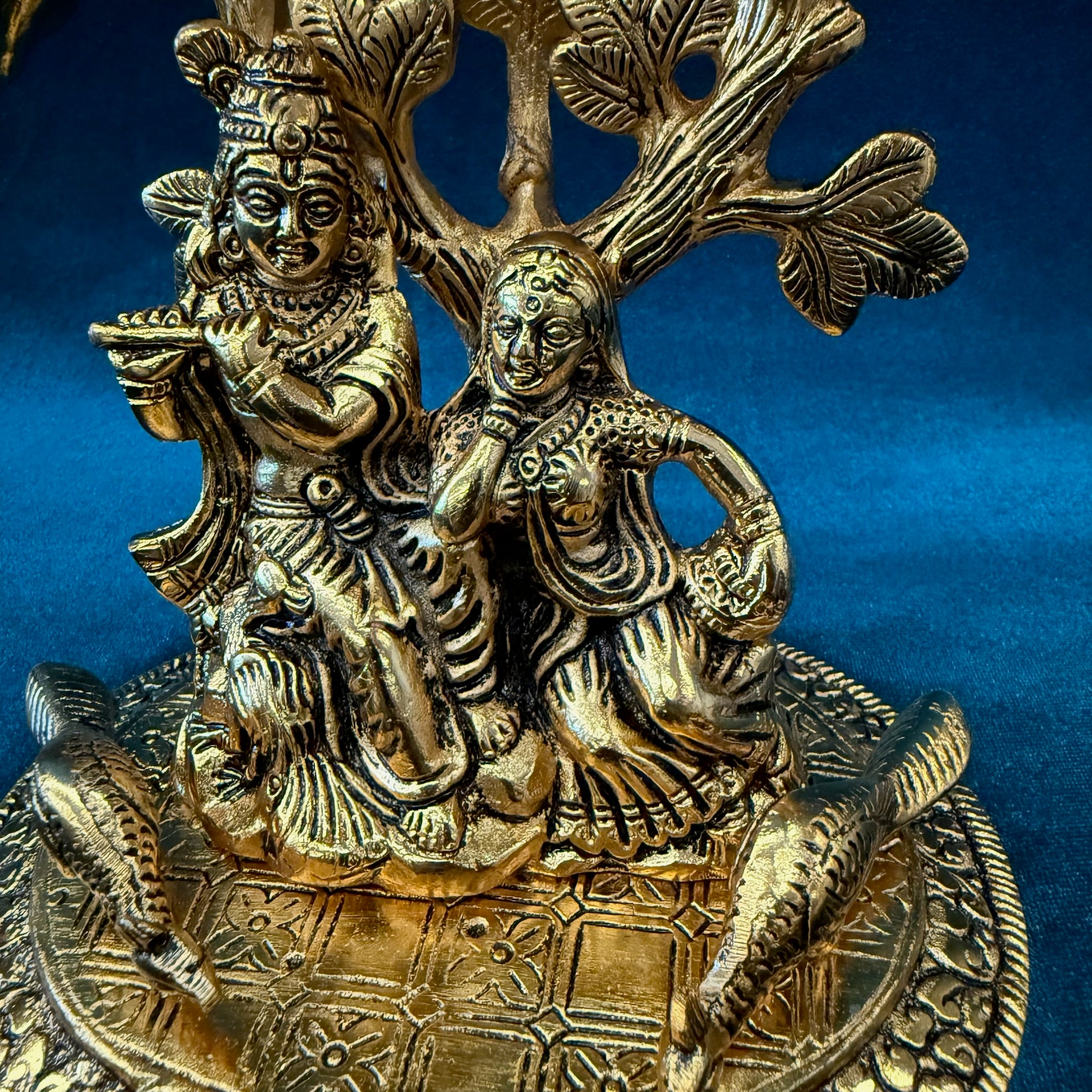 Radha Krishna Idol with Tree & Peacock Base