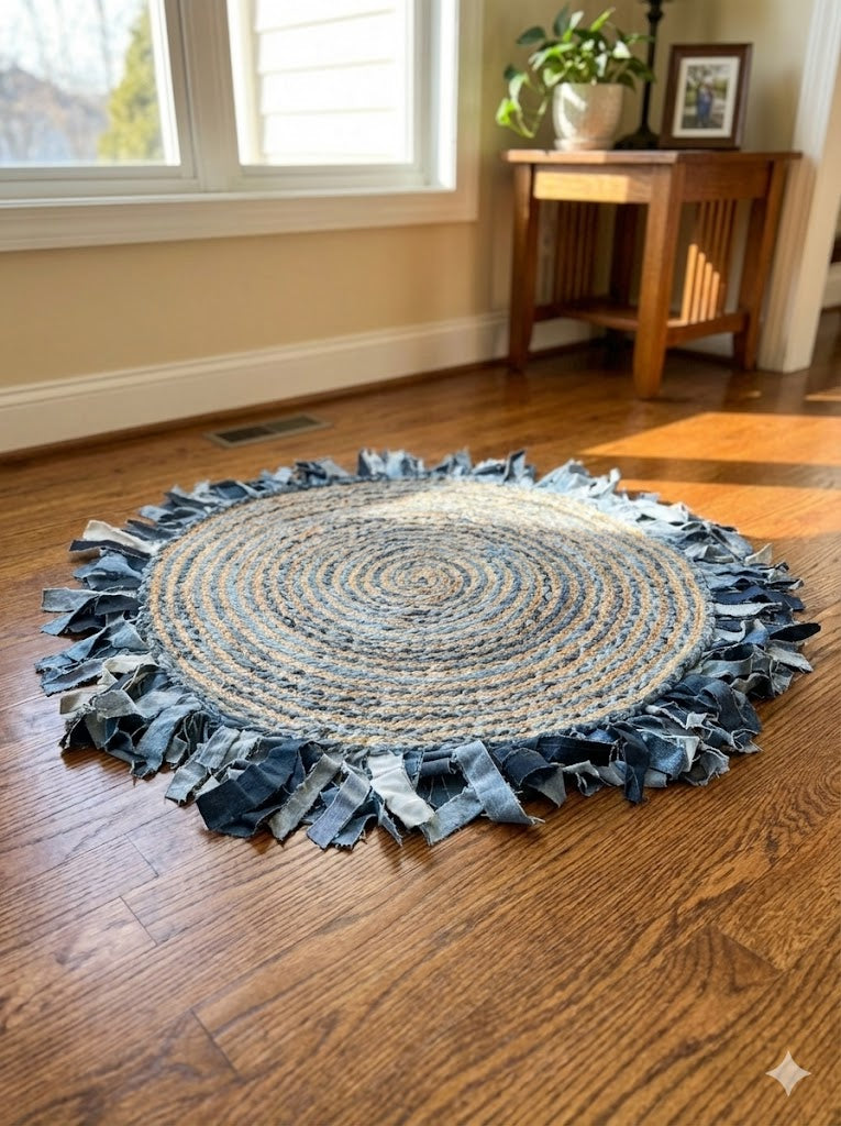 Denim Fringe Jute Rug Blue Boho Round