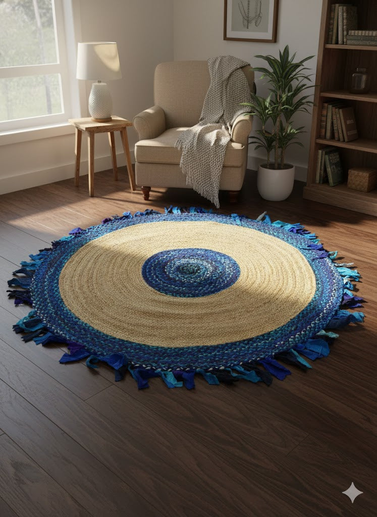 OceanBurst Fringe Jute Rug Blue Mix (5 ft 10)