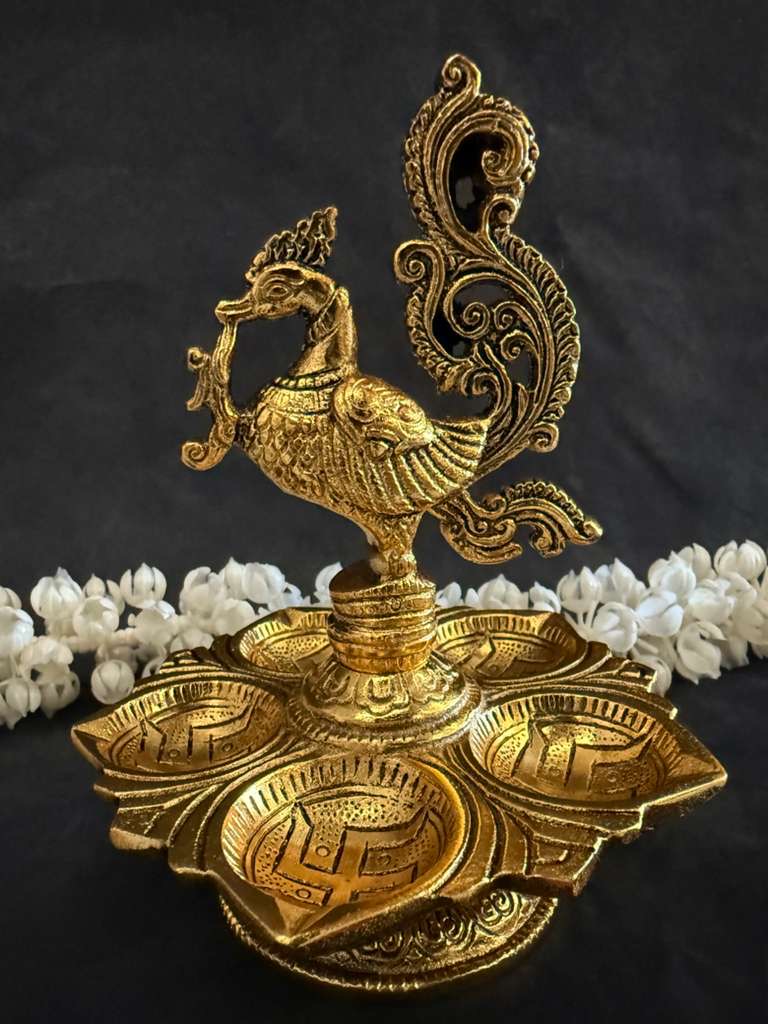 Peacock Diya Single Tier Multi Tea Light Gold & Silver