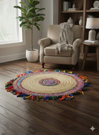 Fiesta Fringe Round Jute Rug Colorful Braided Design - Multi Size