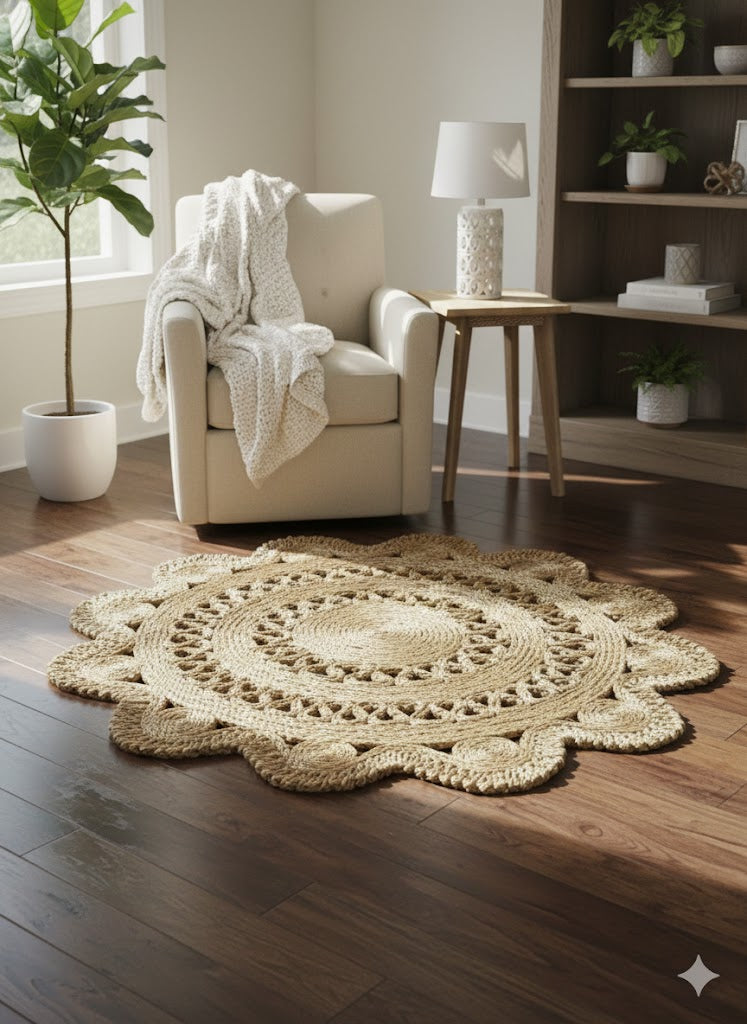 Boho Scallop Loop Jute Round Rug 3 ft Diameter