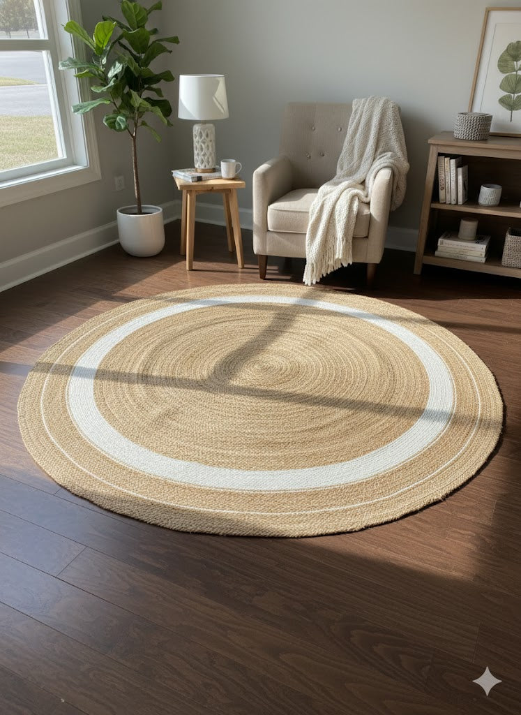 Braided Jute Round Rug Natural with White Border