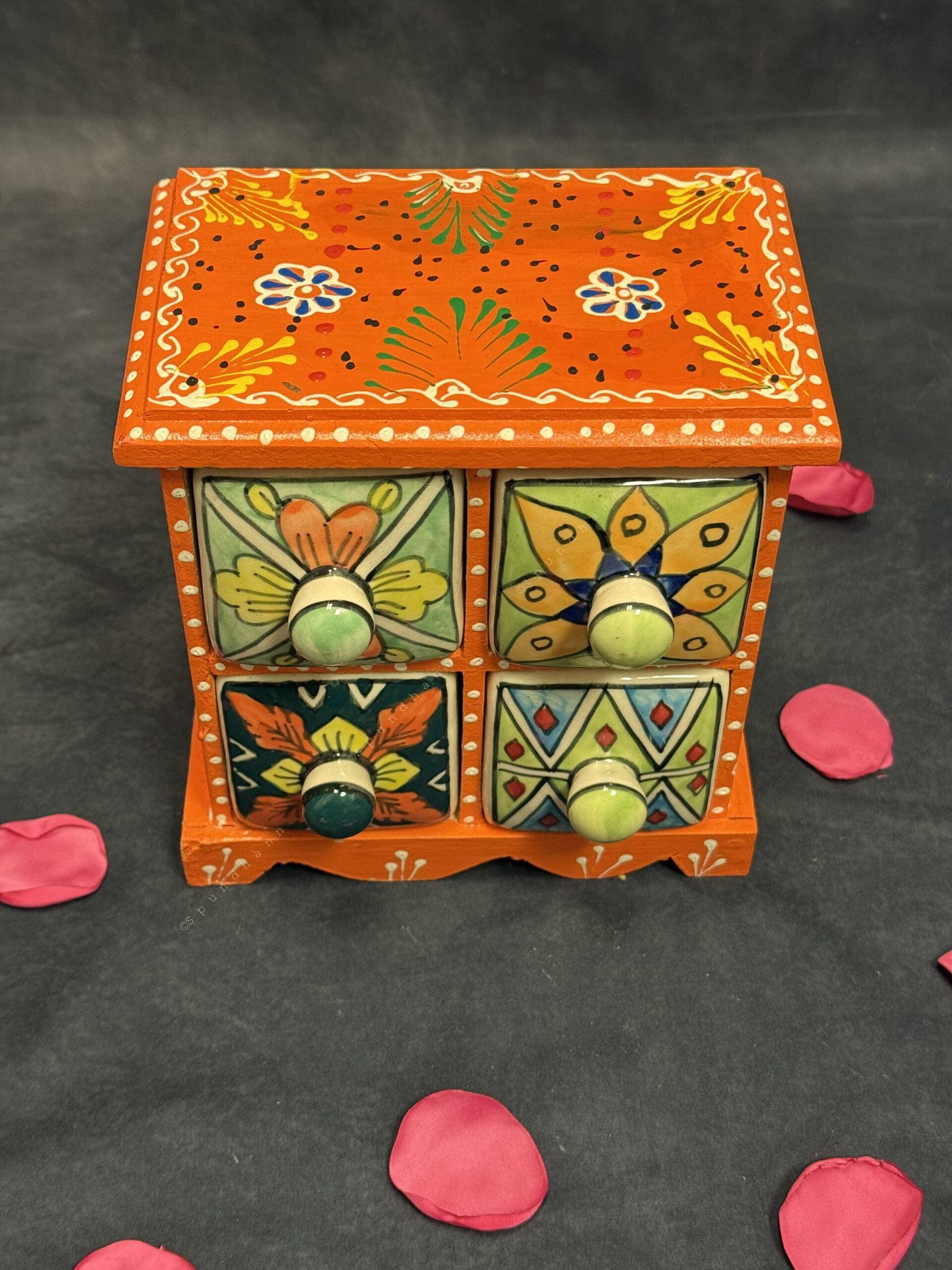 Handcrafted Wooden Trinket Box with 4 Ceramic Drawers