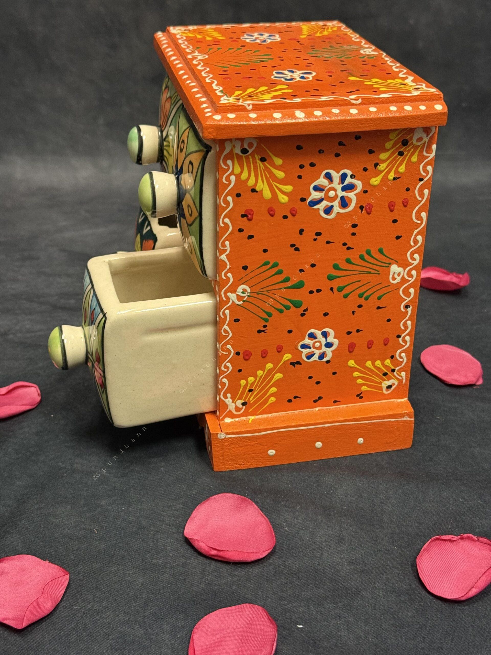 Handcrafted Wooden Trinket Box with 4 Ceramic Drawers