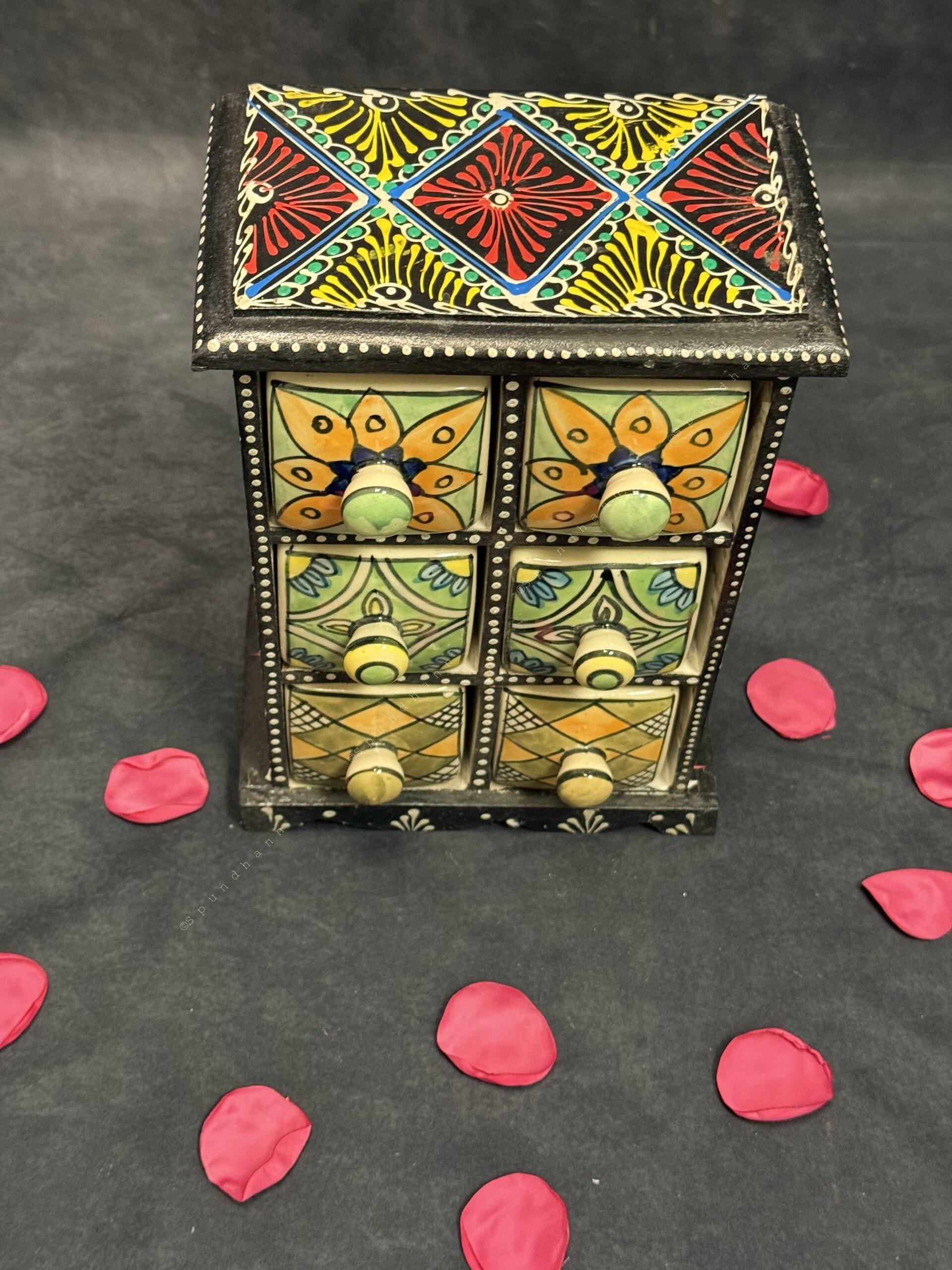 Handcrafted Wooden Trinket Box with 6 Ceramic Drawers