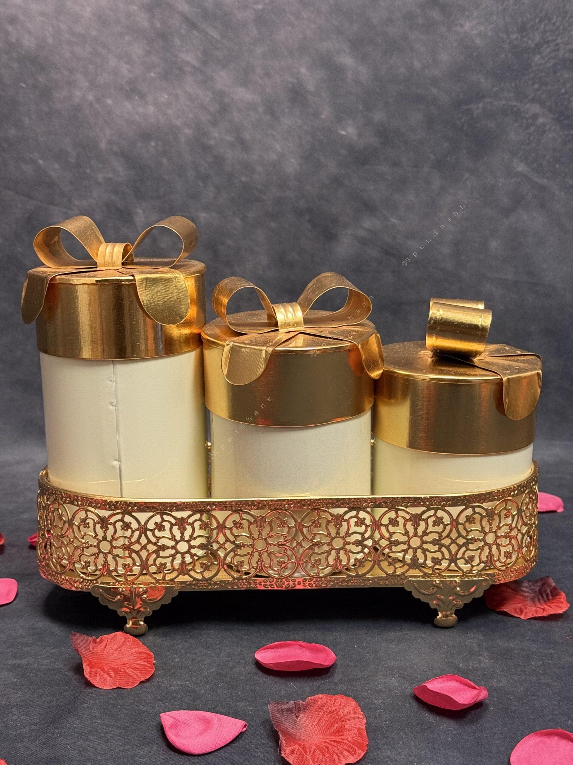 White and Copper Canister Set of 3 with Tray