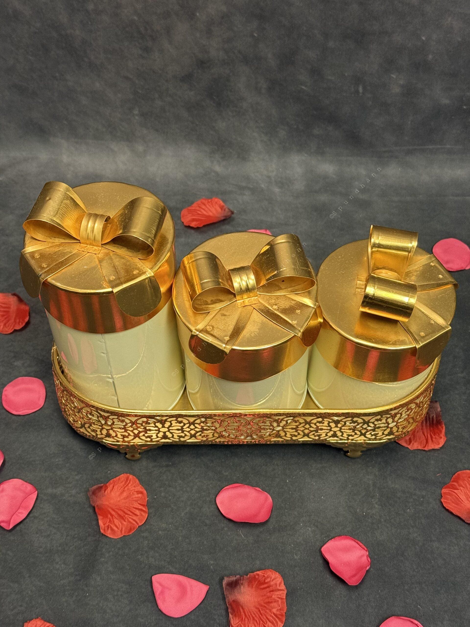 White and Copper Canister Set of 3 with Tray