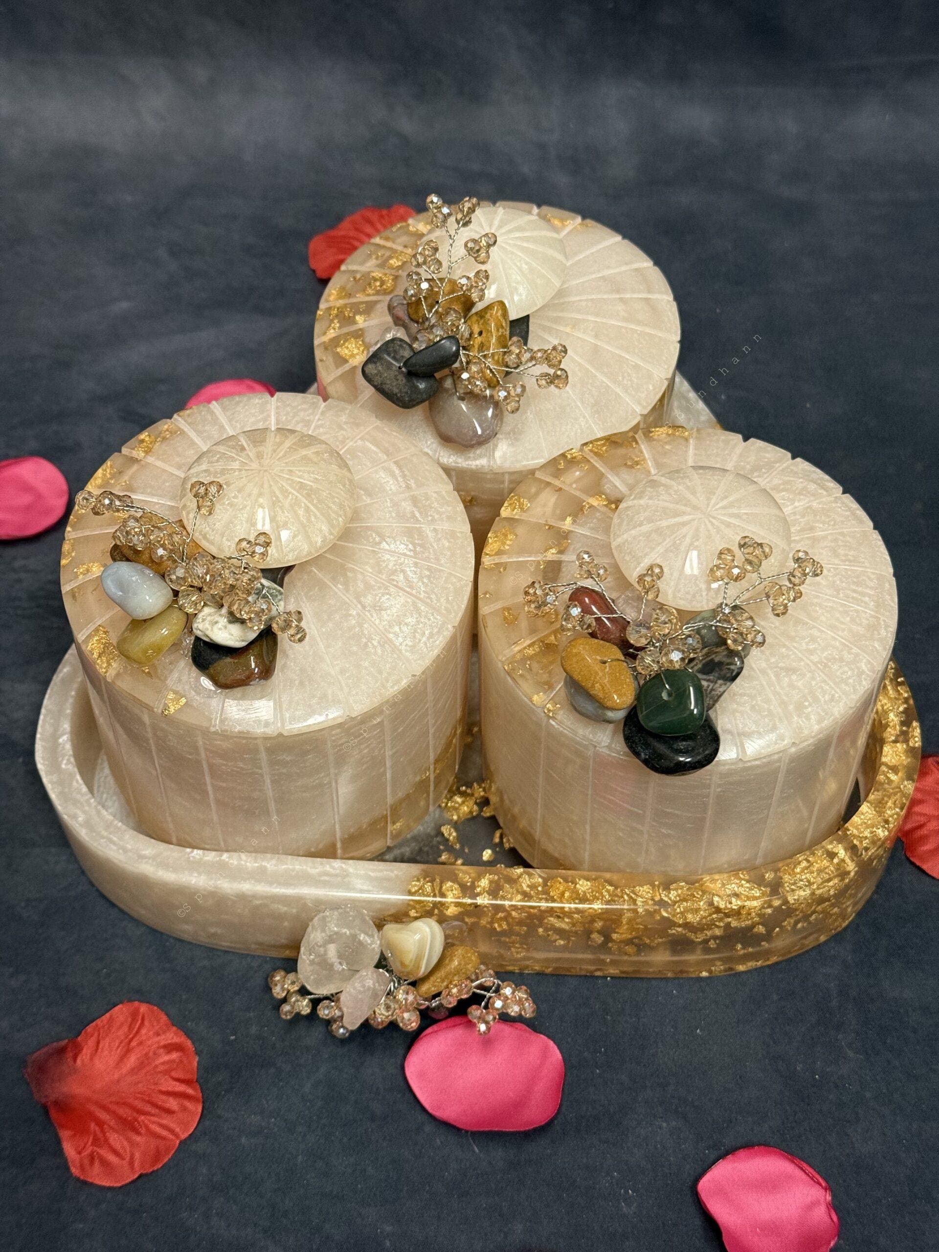 Elegant Stone-Adorned Jar Set with Tray Set of 3